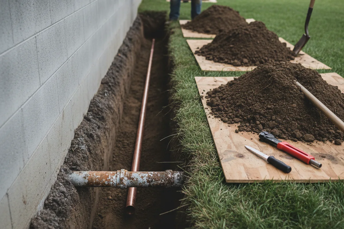 Excavated water line trench during Sewer Line Repair in West Yarmouth